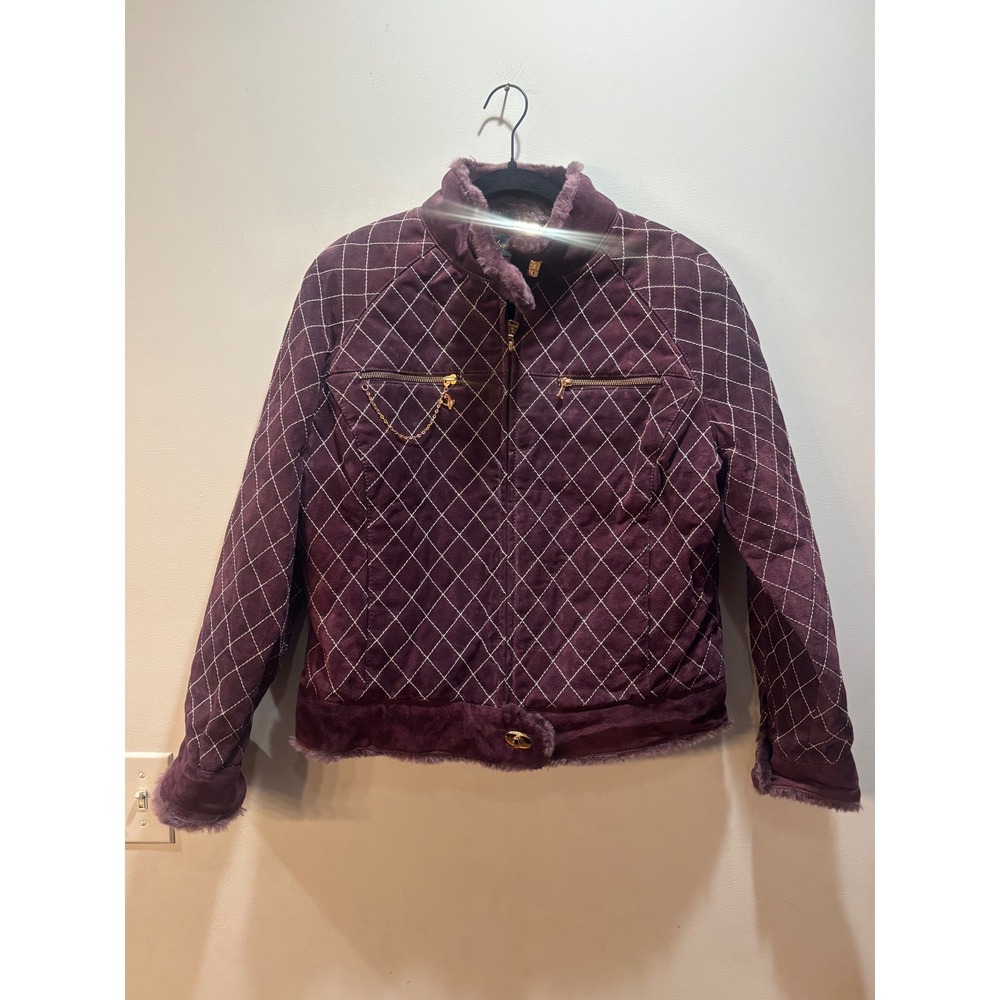 Baby Phat Purple Quilted Leather Faux Fur‎ Trim Jacket XL Vintage Y2K Hip Hop